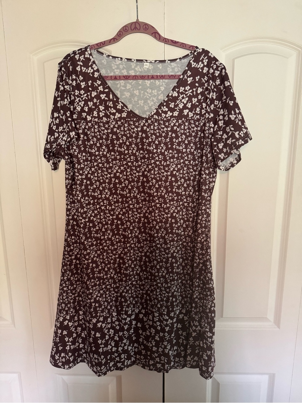 V-Neck Brown Dress with White Floral Print